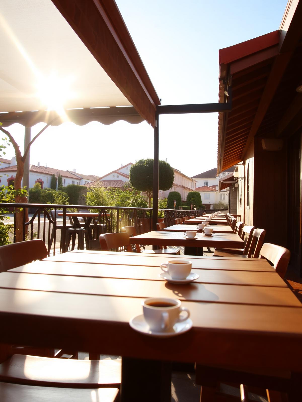 Esplanada do Café Ruby 2 ao entardecer, com mesas de madeira e luz dourada